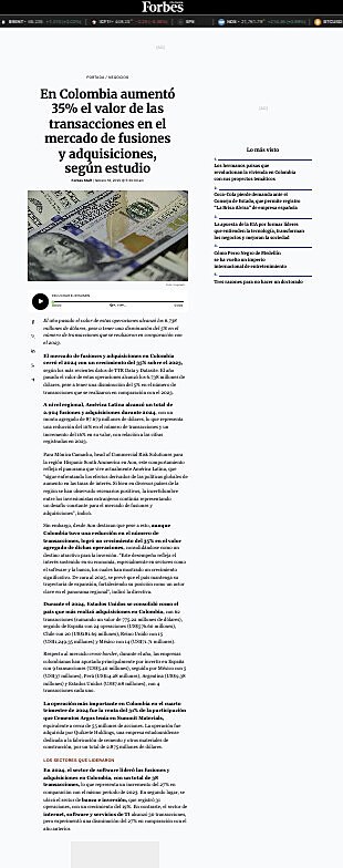 En Colombia aument 35% el valor de las transacciones en el mercado de fusiones y adquisiciones, segn estudio